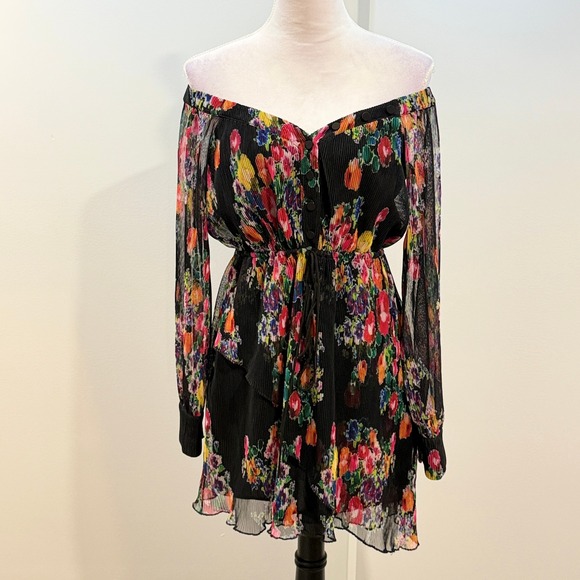 Michael Costello X Revolve Dresses & Skirts - Michael Costello x REVOLVE Floral Off Shoulder Pleated Dahlia Mini Dress Black
